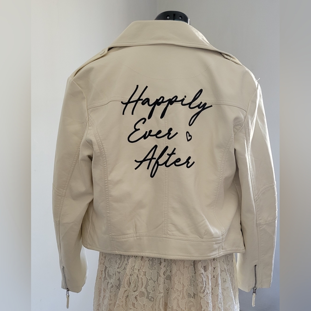 Bridal Wedding Moto Leather Jacket with 'Happily Ever After' Design